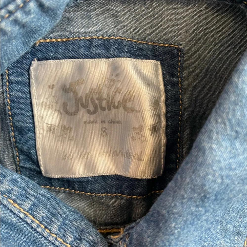 Justice Girls Jean Button Down Top Gem Embellished Pockets Size 8 Blue Silver